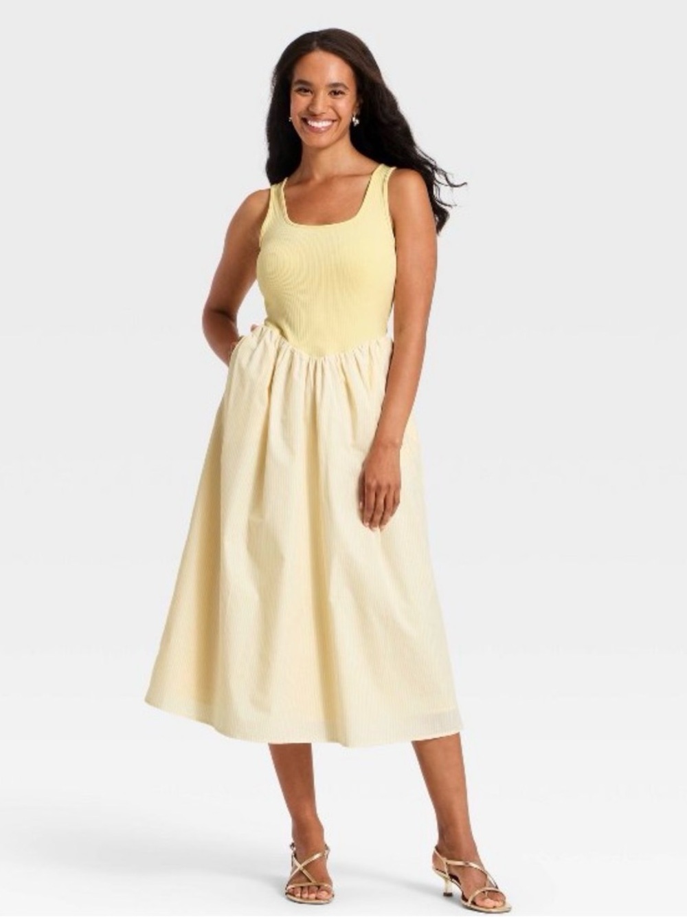 Women's Pullover Knit to Woven Midi Dress - Butter Yellow Small